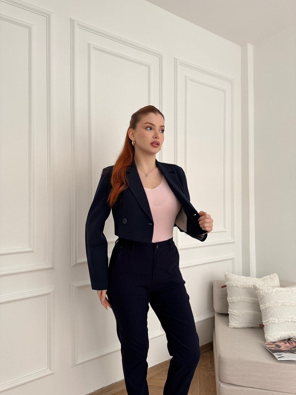 Tek Düğmeli Crop Ceket Lacivert