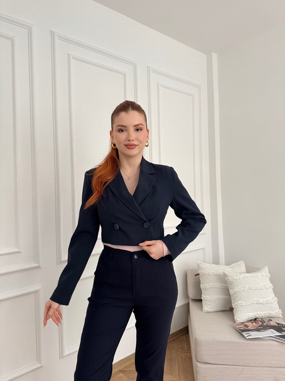 Tek Düğmeli Crop Ceket Lacivert