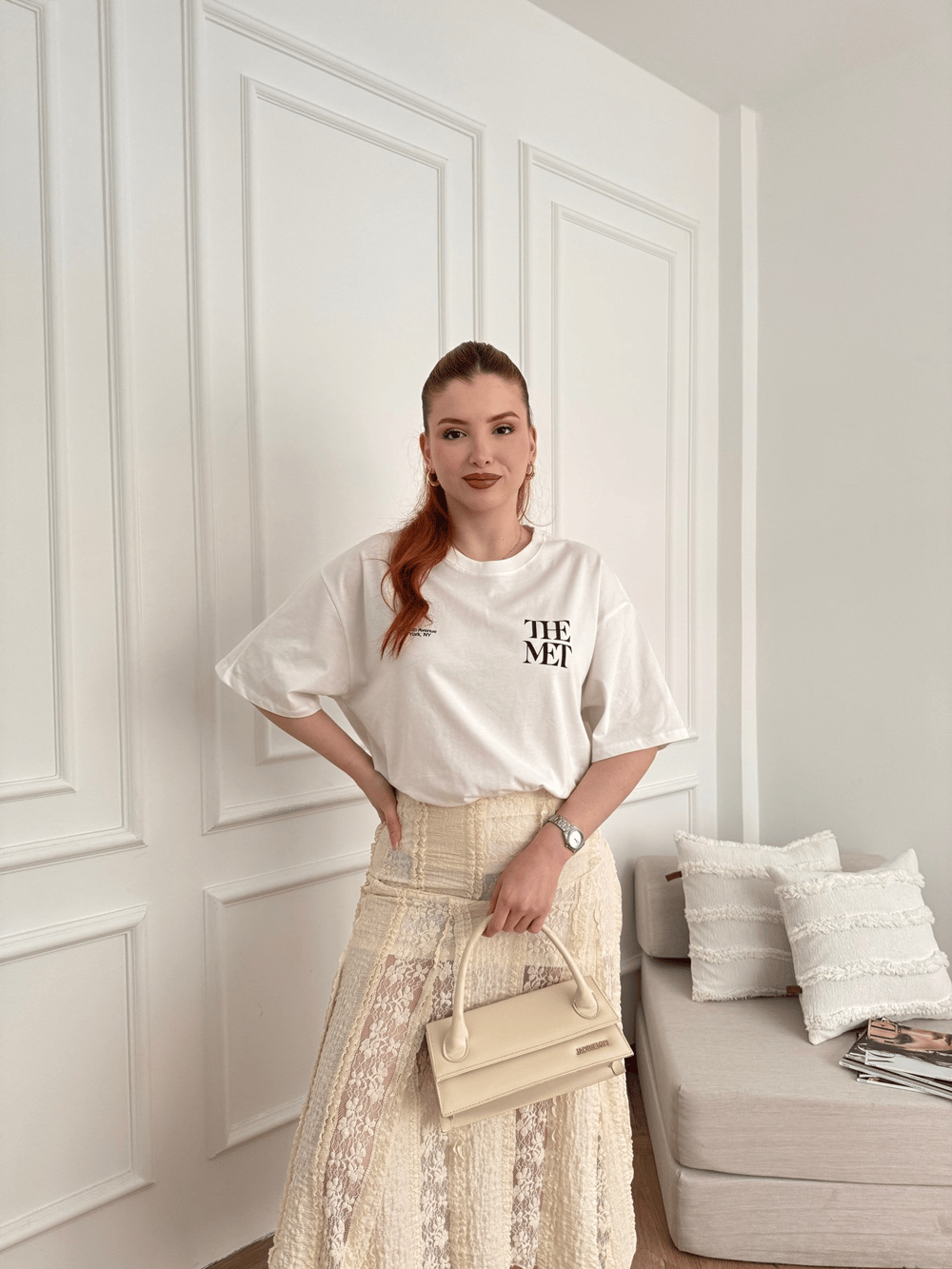 The Met Baskılı Oversize Tshirt Ekru
