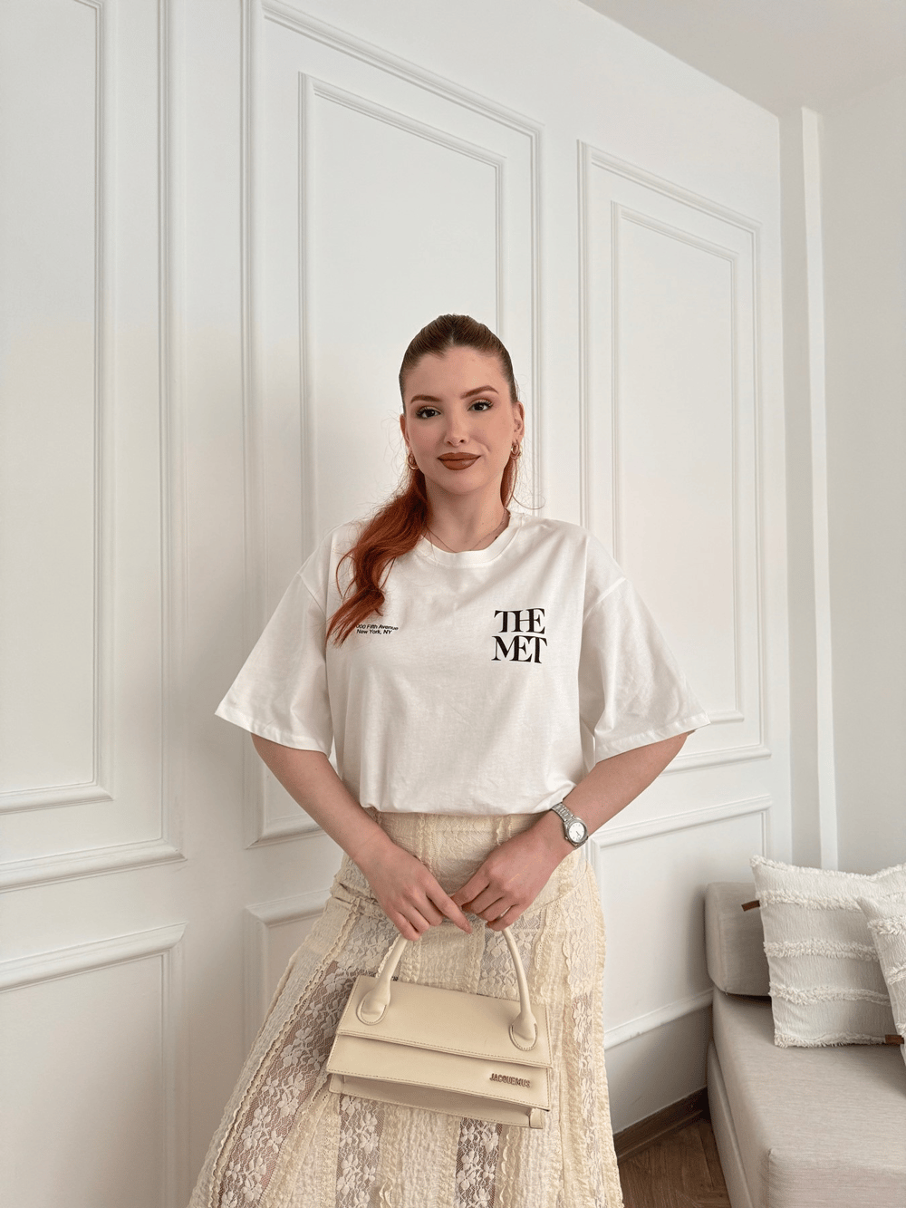 The Met Baskılı Oversize Tshirt Ekru