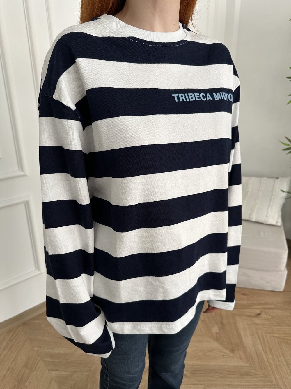 Tribeca Midtown Baskı Kalın Çizgili Sweat Beyaz-laci