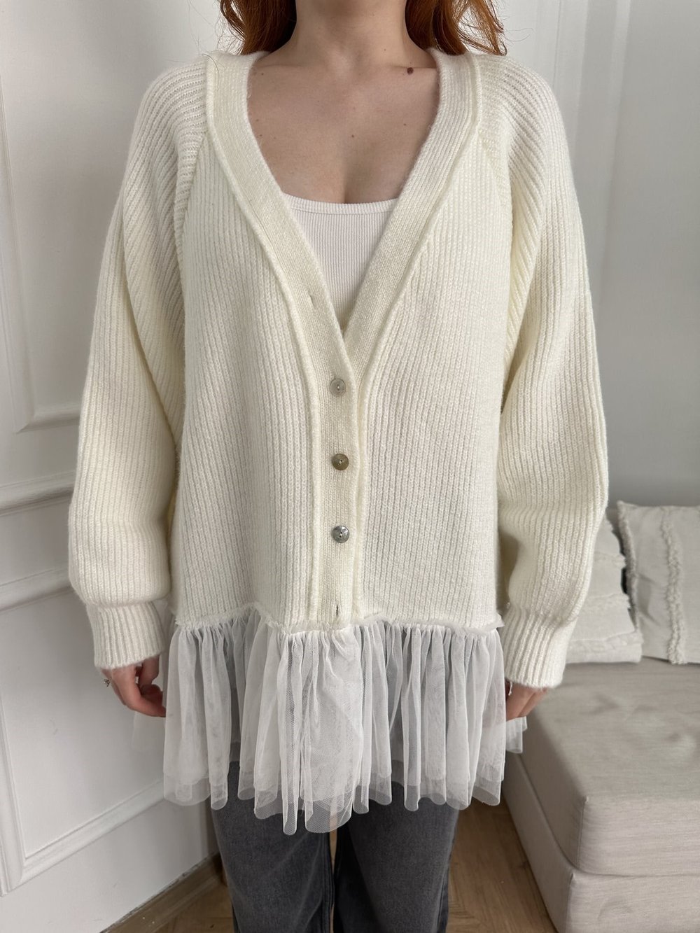 Tül Detay Oversize Hırka Kemik