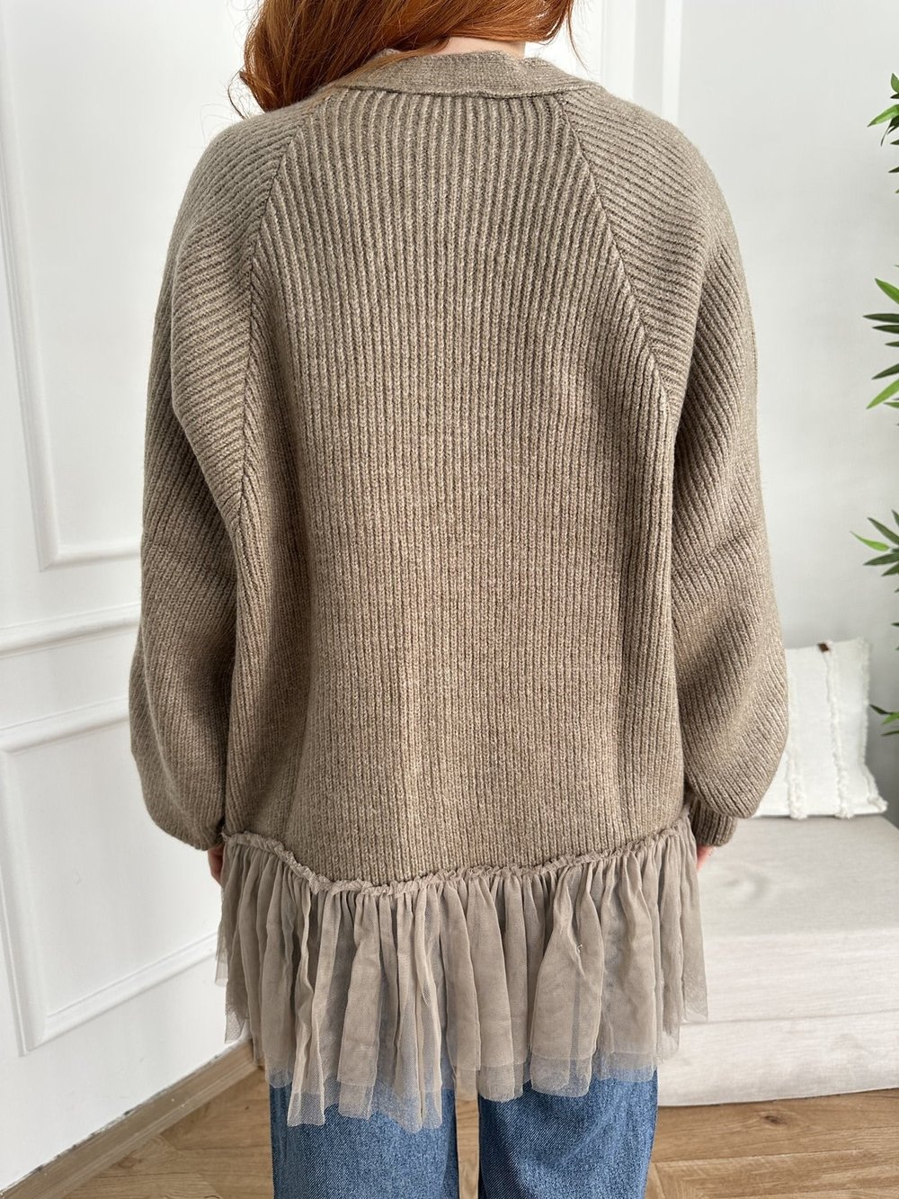 Tül Detay Oversize Hırka Vizon