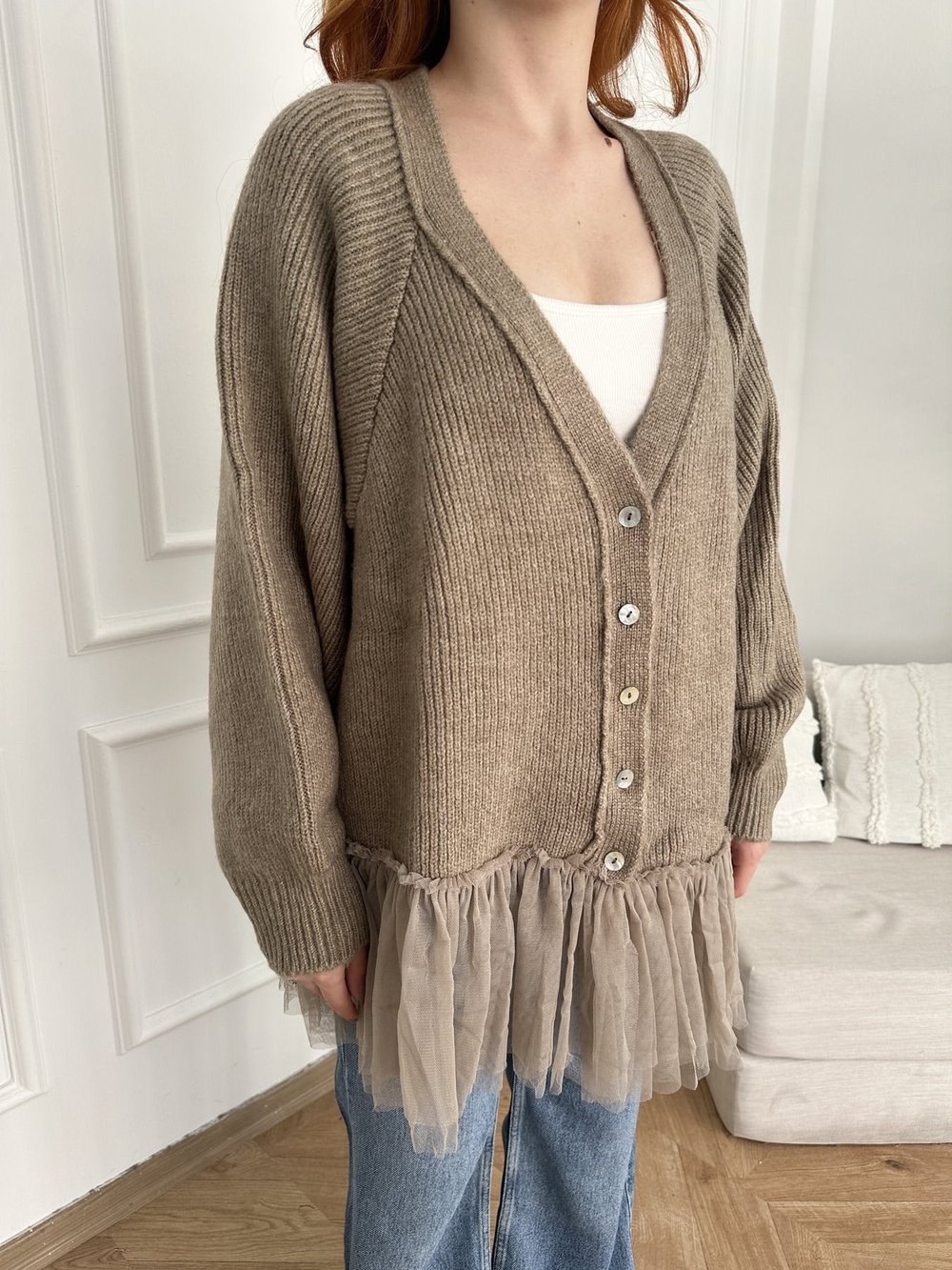 Tül Detay Oversize Hırka Vizon
