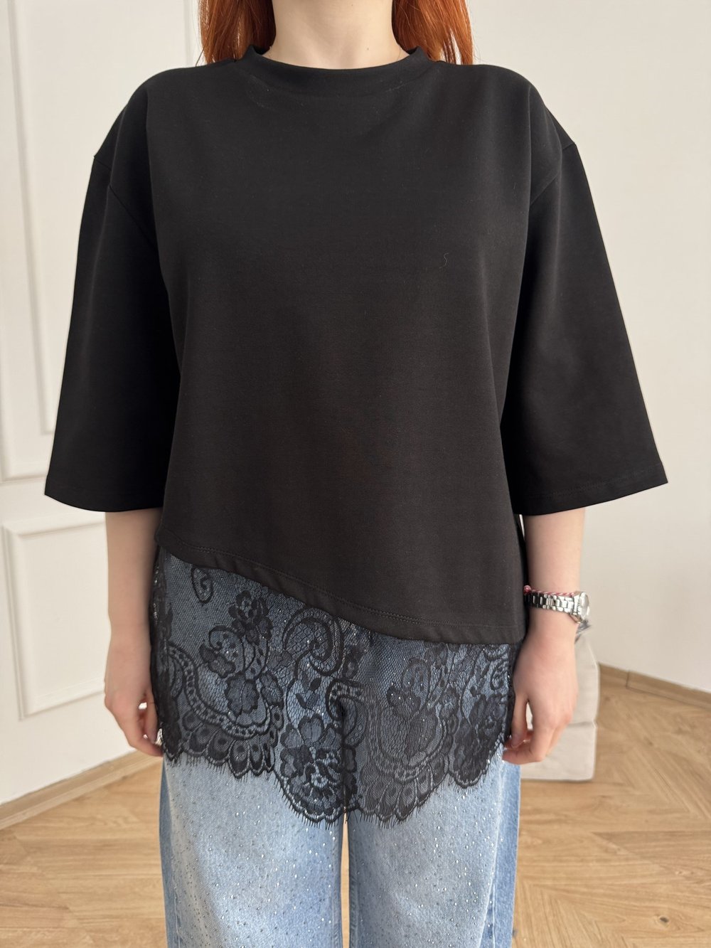 Tül Detay T-shirt Siyah