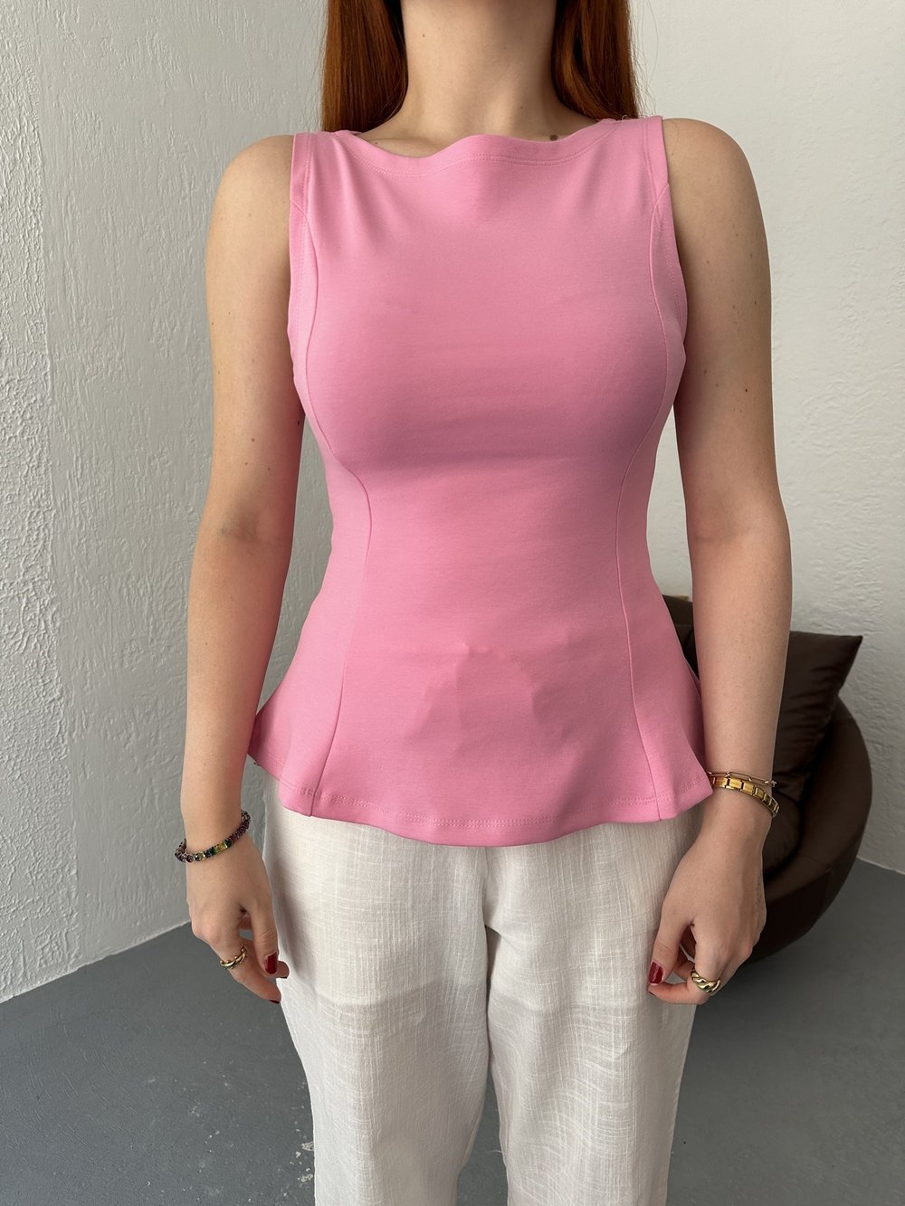 Volanlı Kolsuz Bluz Pembe