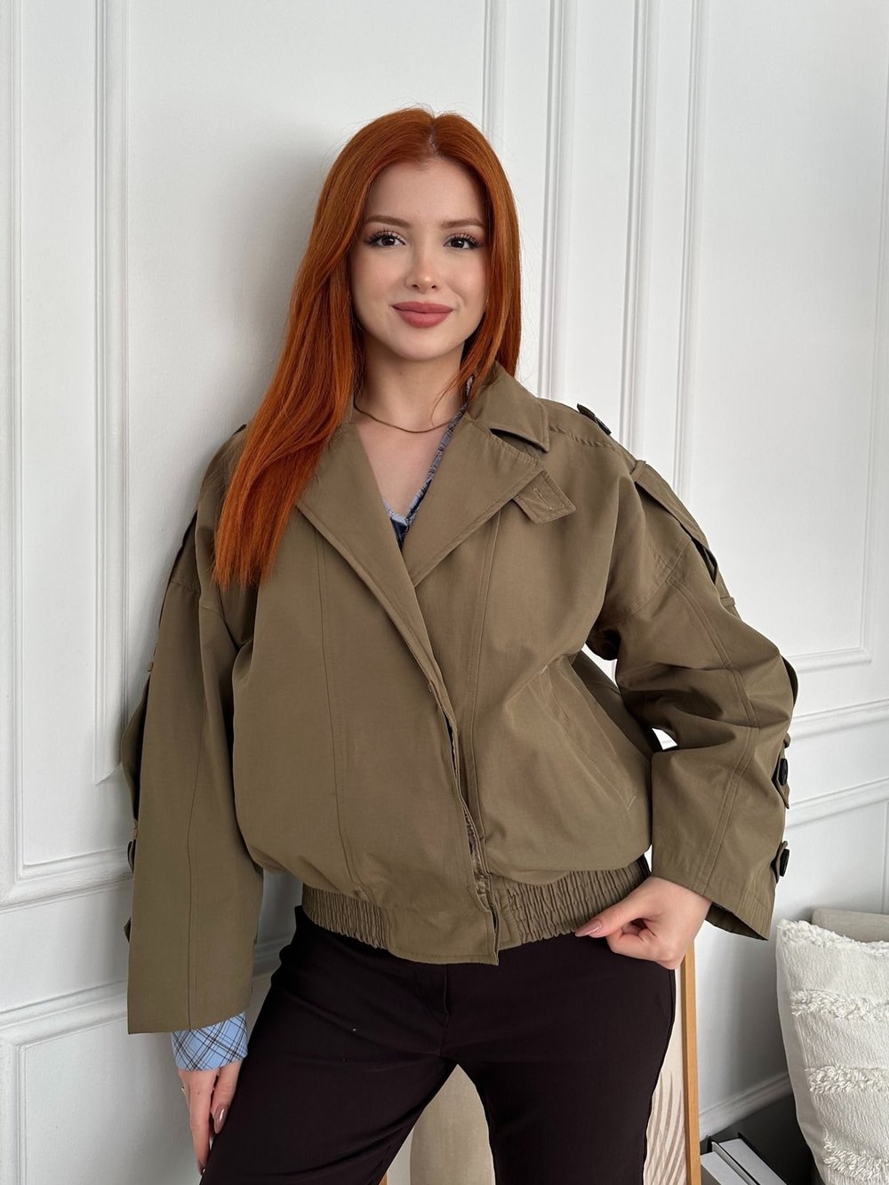 Yaka Apoletli Bomber Trençkot Açık haki