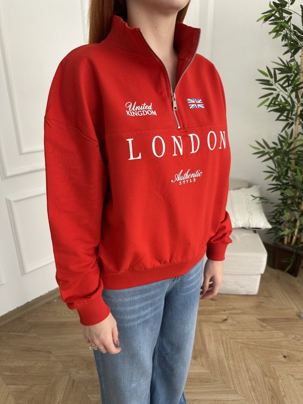 Yaka Fermuarlı London Sweatshırt Kırmızı