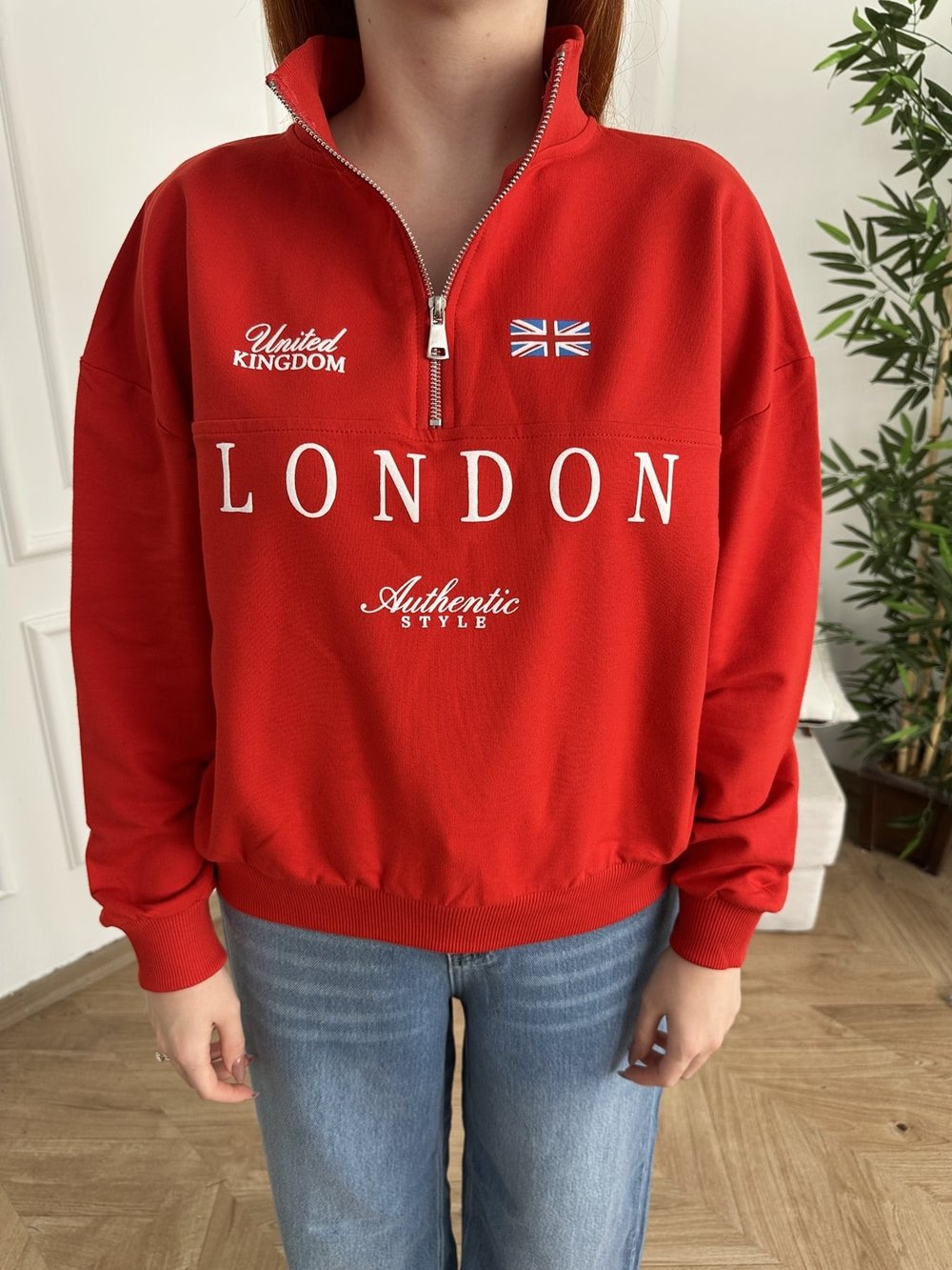 Yaka Fermuarlı London Sweatshırt Kırmızı