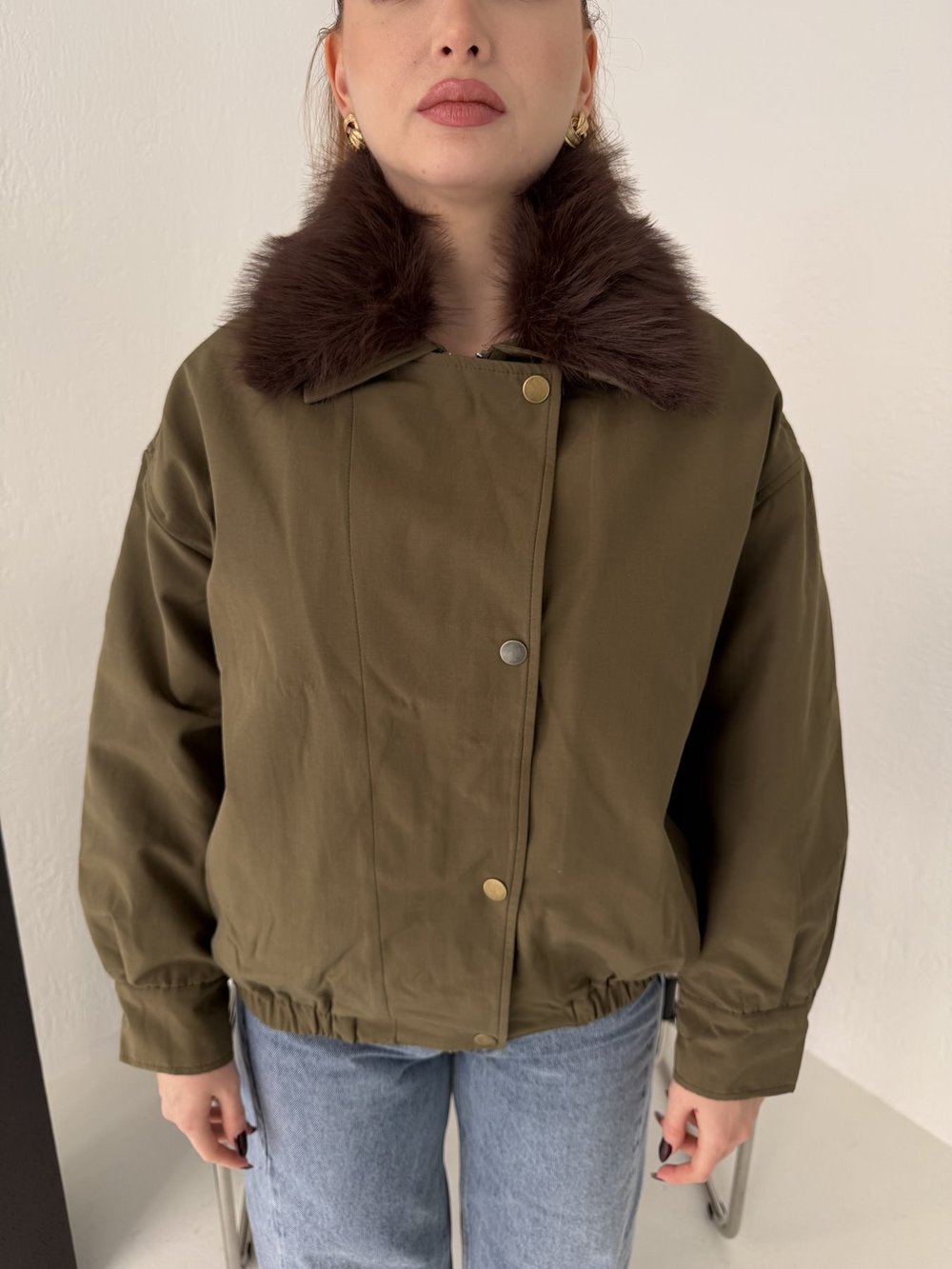Yakası Kürklü Bomber Mont Haki