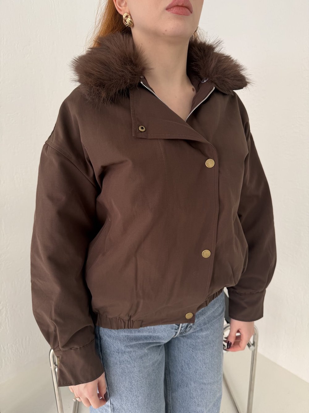 Yakası Kürklü Bomber Mont Kahve