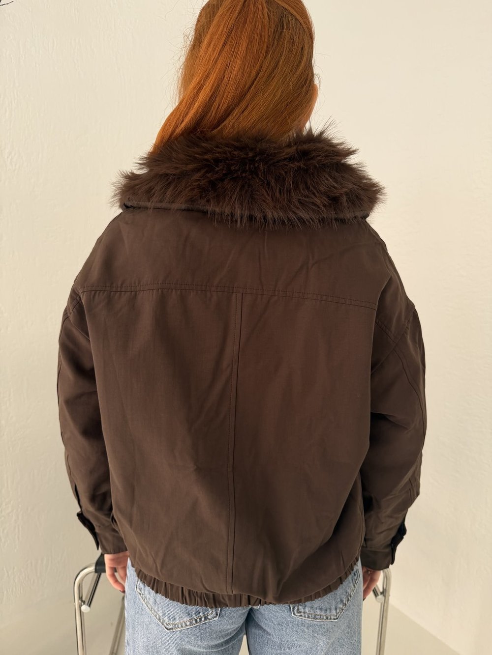 Yakası Kürklü Bomber Mont Kahve