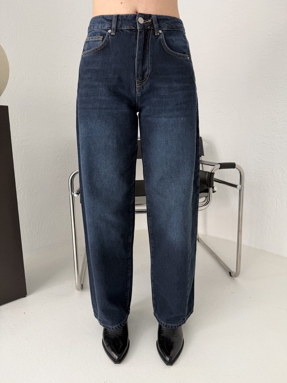 Yanı Parçalı Barrel Jean Pantolon Lacivert