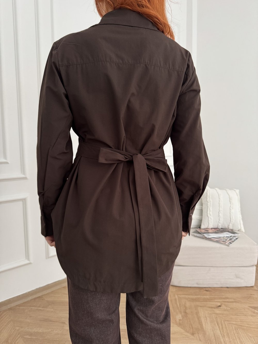 Yarım Düğmeli Oversize Poplin Gömlek Kahve