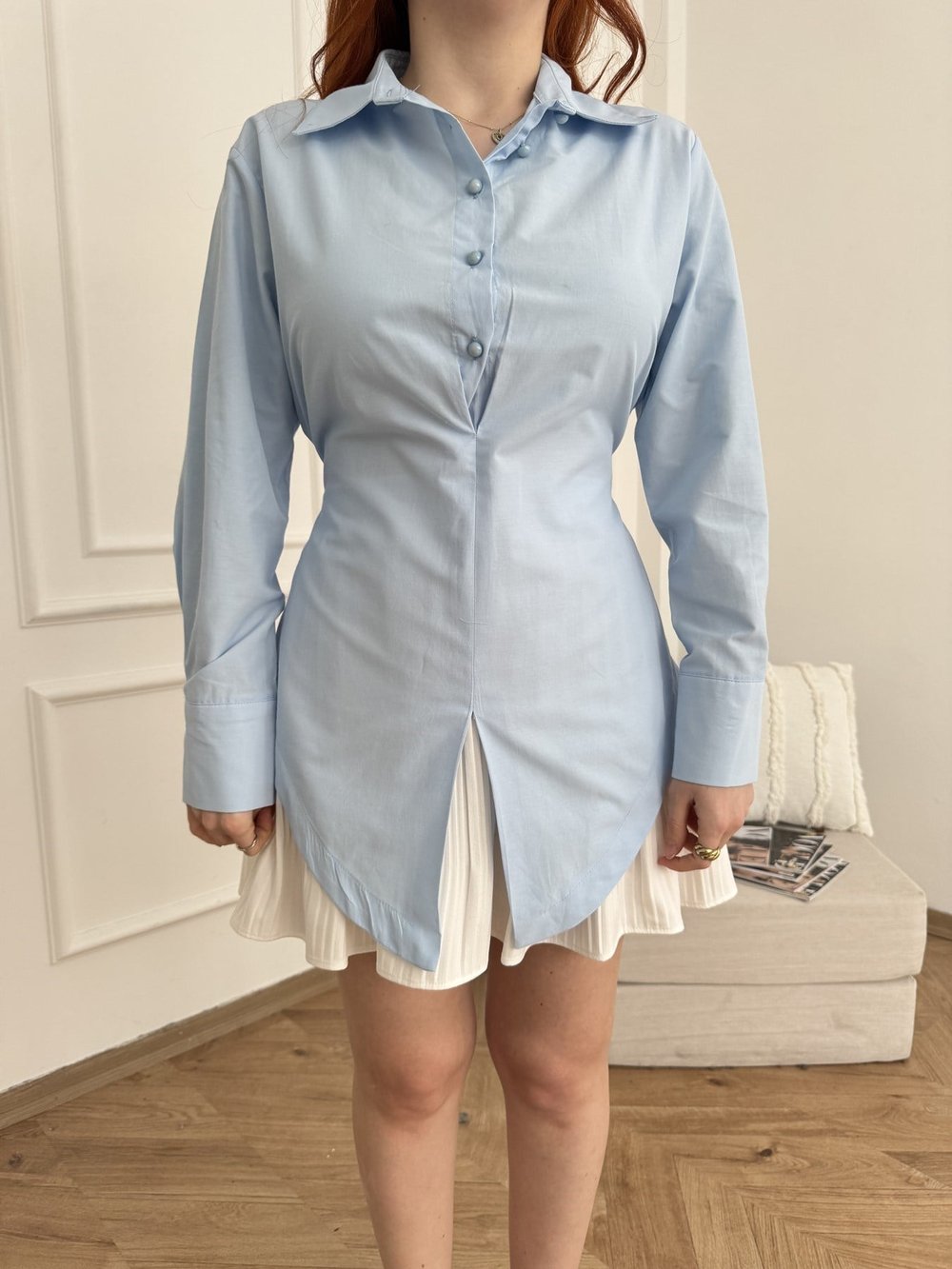 Yarım Düğmeli Oversize Poplin Gömlek Mavi