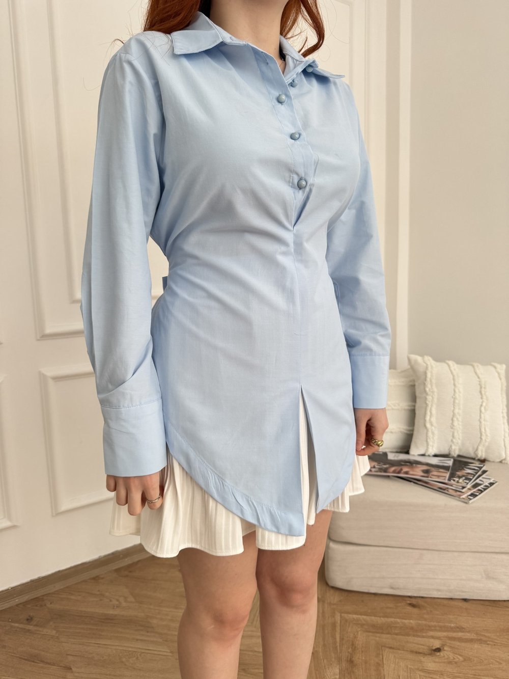 Yarım Düğmeli Oversize Poplin Gömlek Mavi