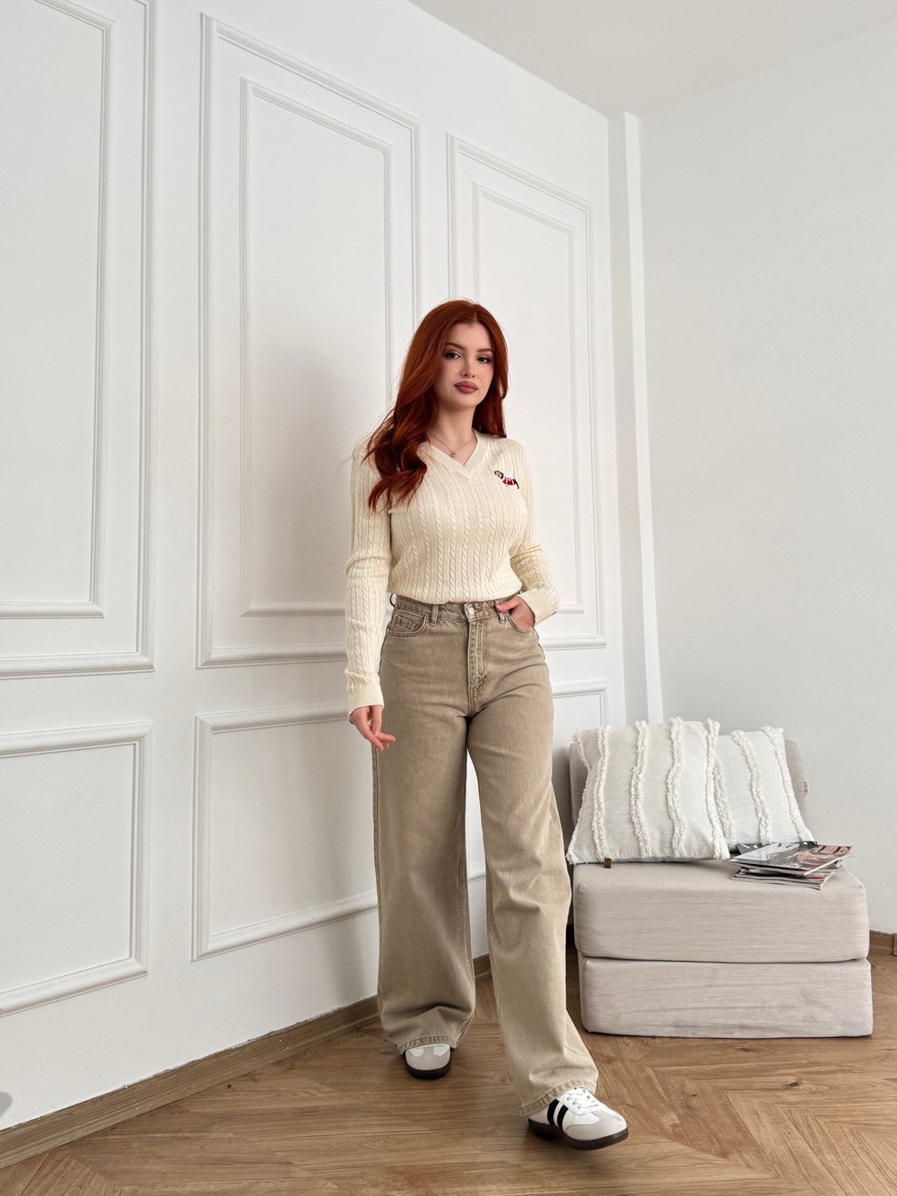 Yıkamalı Palazzo Jean Pantolon Açık haki