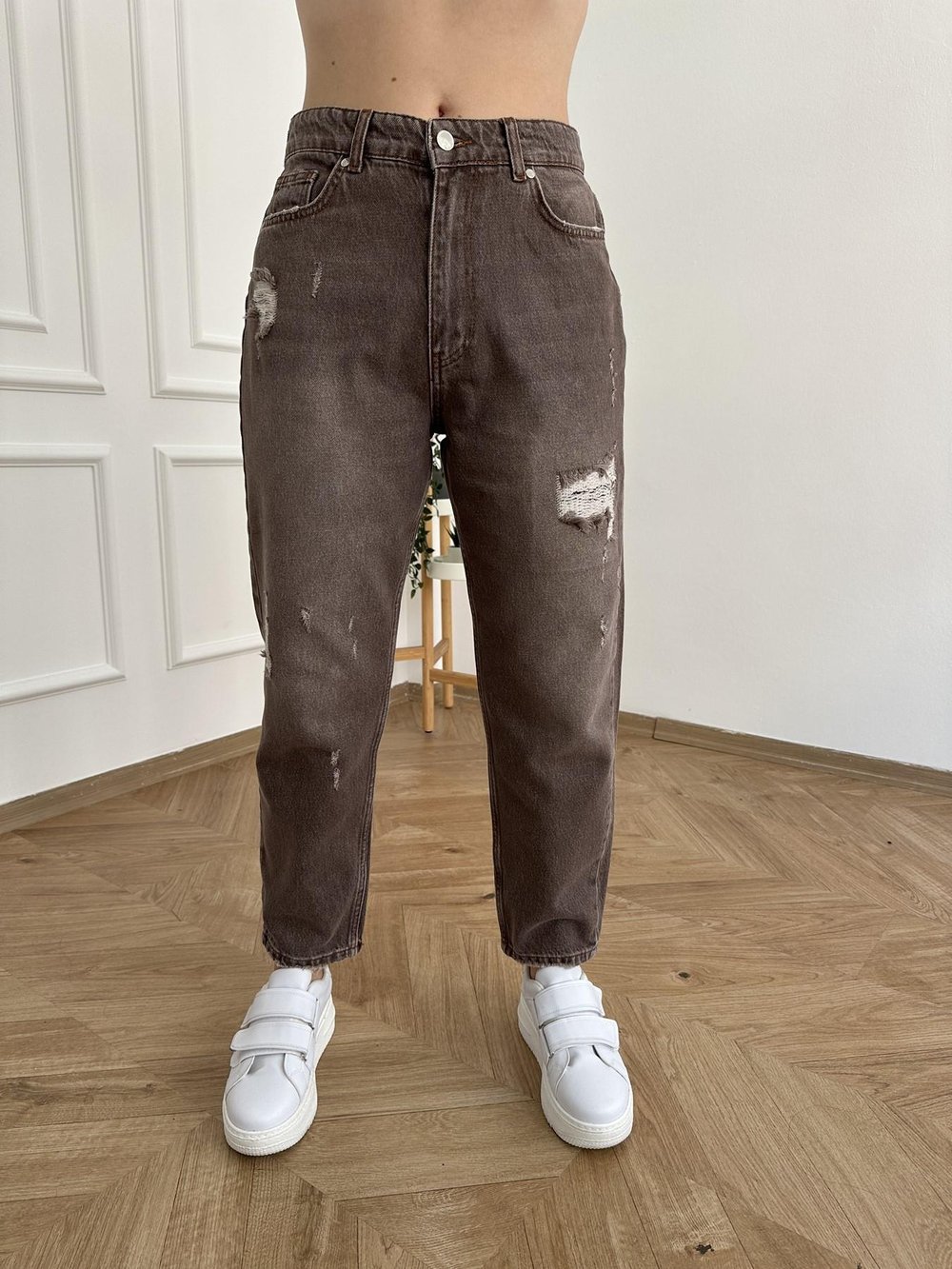 Yırtık Detay Denim Pantolon Kahve