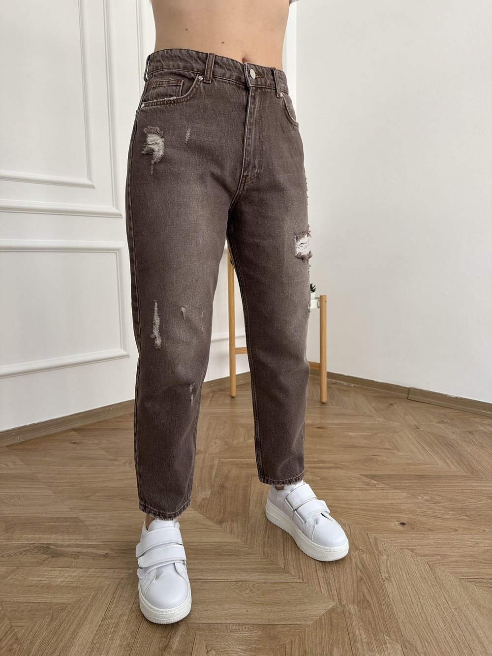 Yırtık Detay Denim Pantolon Kahve