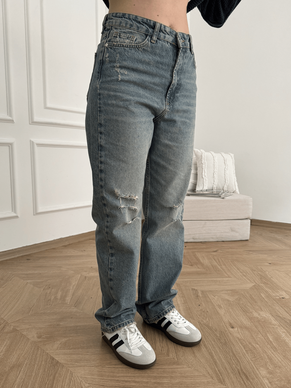 Yırtık Detay Wide Leg Jean Mavi