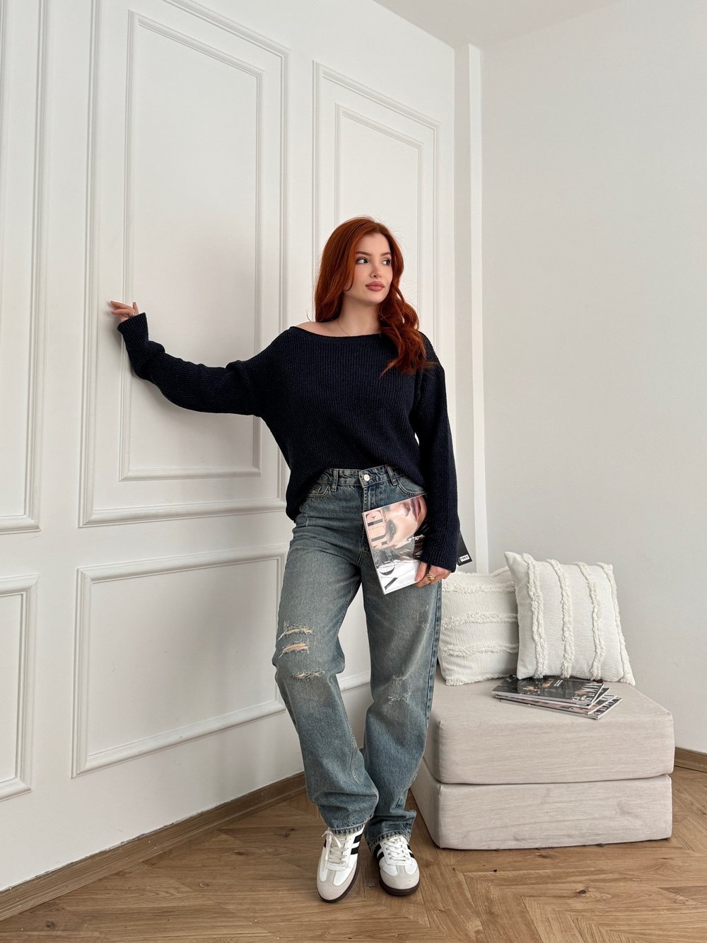 Yırtık Detay Wide Leg Jean Mavi