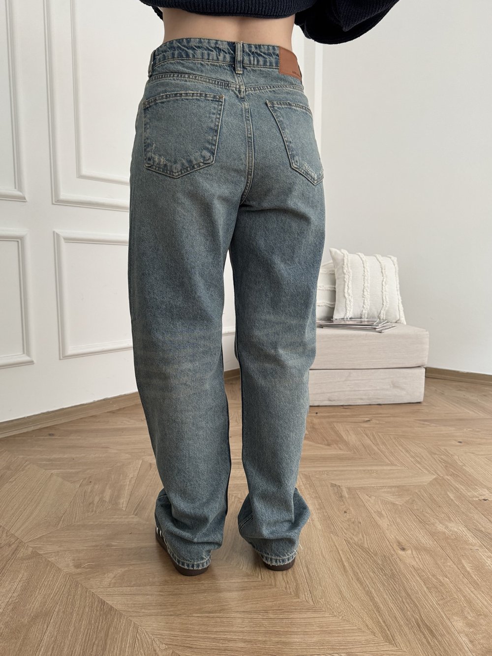 Yırtık Detay Wide Leg Jean Mavi