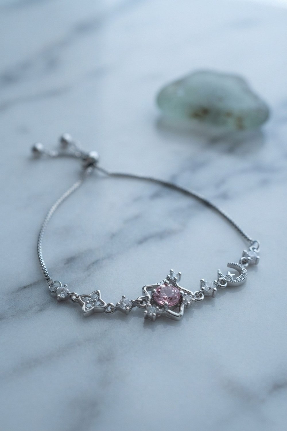 Pembe Taşlı Yıldız Model Gümüş Renk Zirkon Taşlı Asansörlü Bileklik