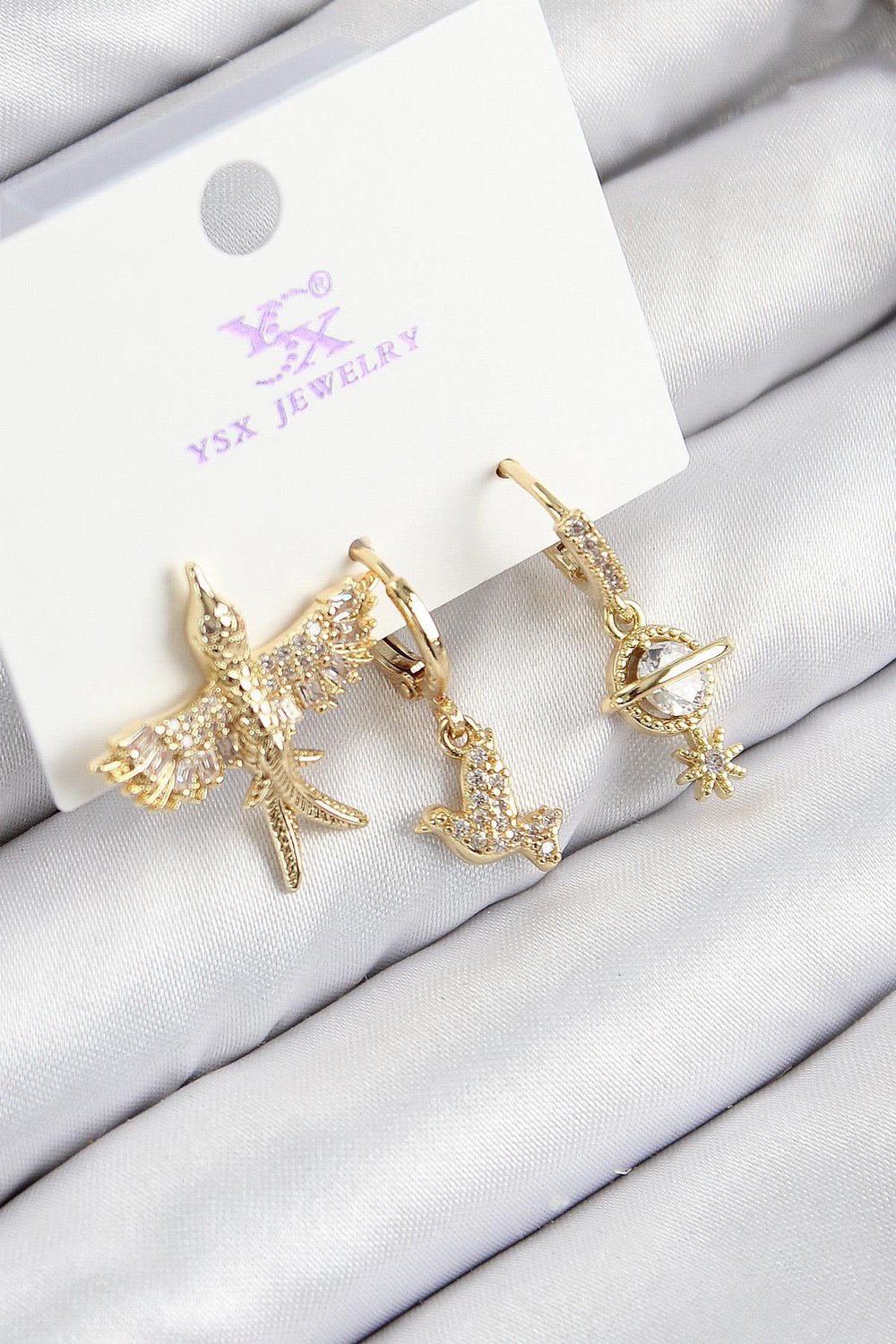 Pirinç Zirkon Taşlı 3'lü Kuş Model Gold Renk Kadın Küpe