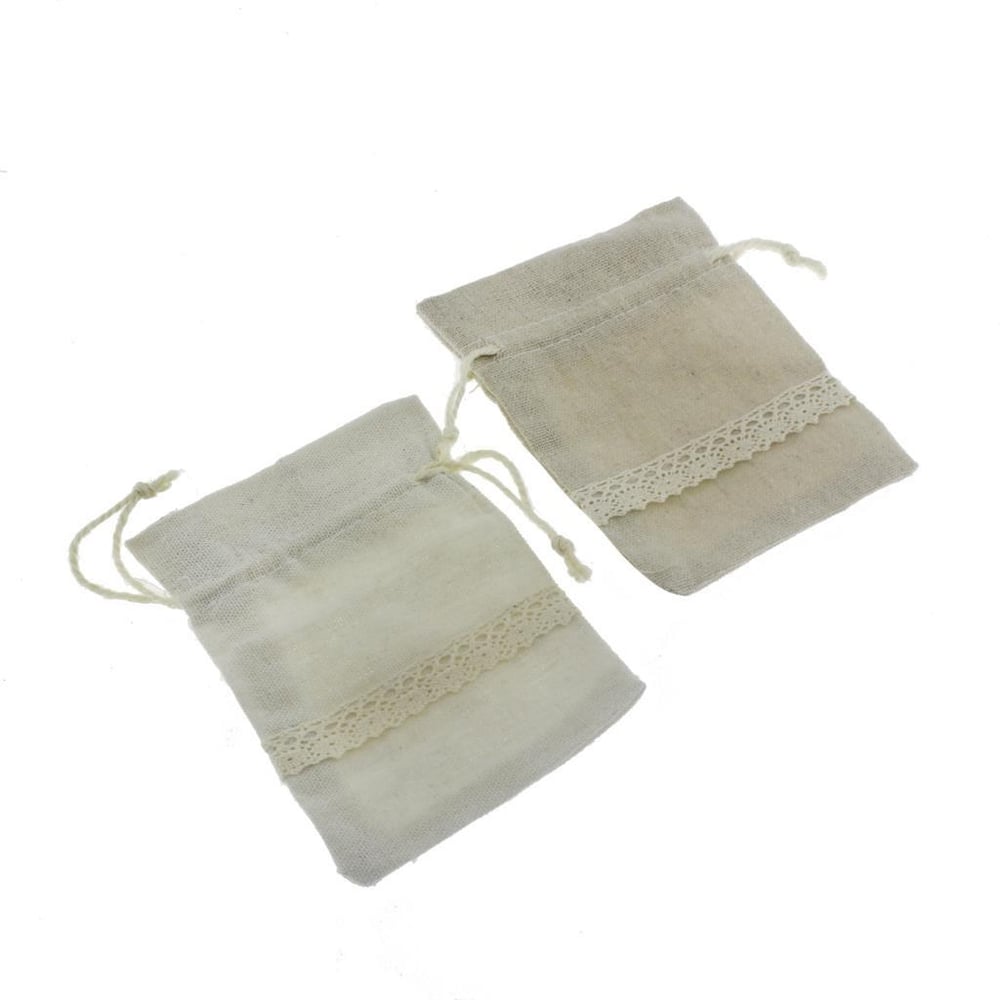 25 Adet 9x13cm Dantel Şeritli Keten Kese