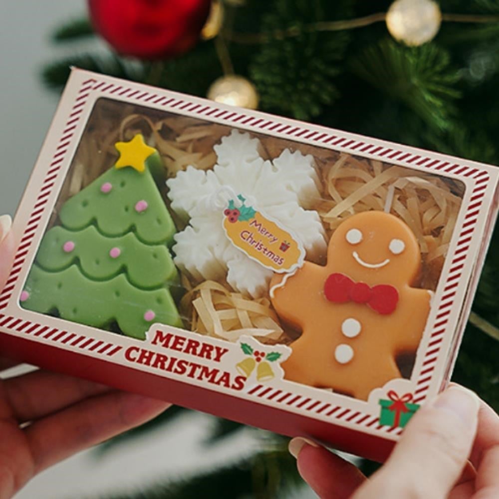 3 Adet Yılbaşı Mum Seti  Kar Tanesi Gingerbread Çam Ağacı