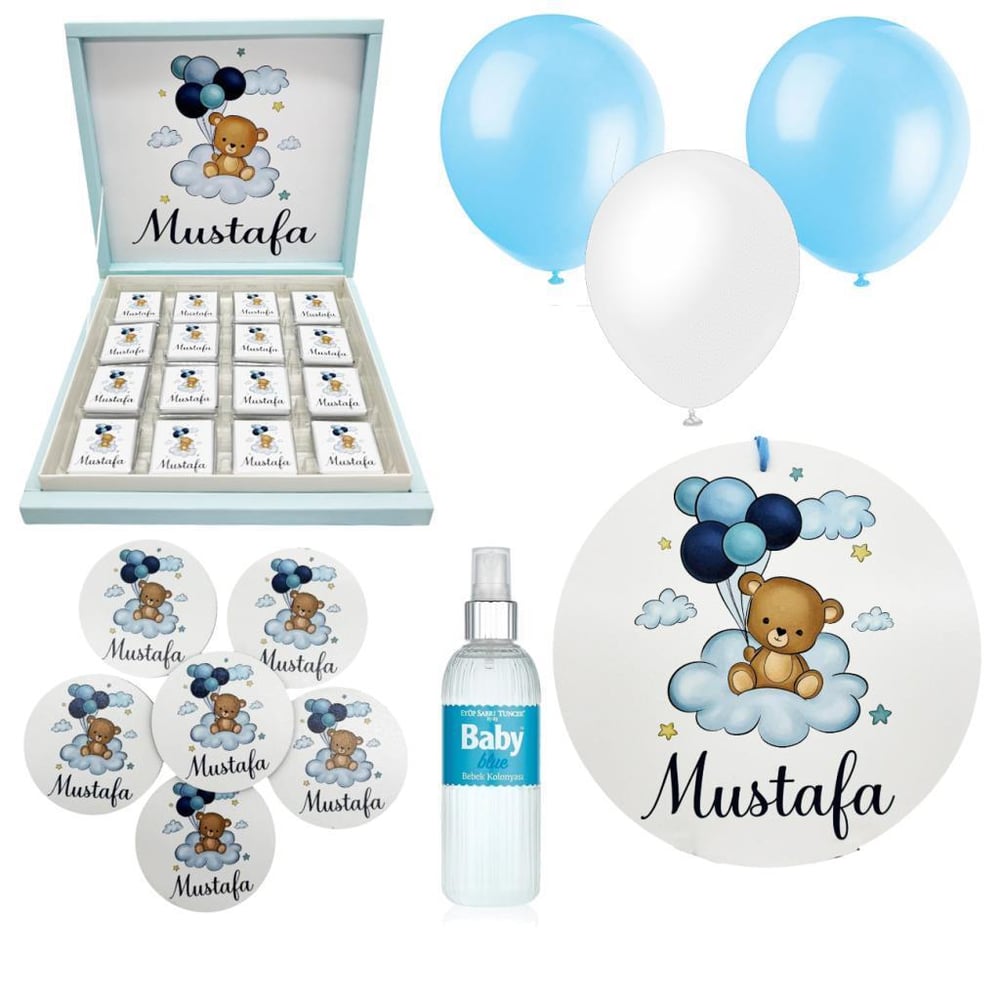 Bebek Doğum Hediyelik Süsleme Seti Çikolata Ahşap Magnet - Kapı Süsü - Kolonya - Balon Mod.10