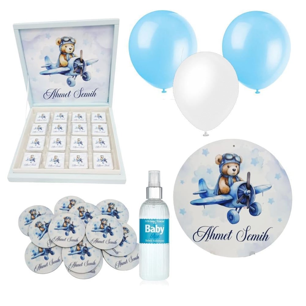 Bebek Doğum Hediyelik Süsleme Seti Çikolata Ahşap Magnet - Kapı Süsü - Kolonya - Balon Mod.6