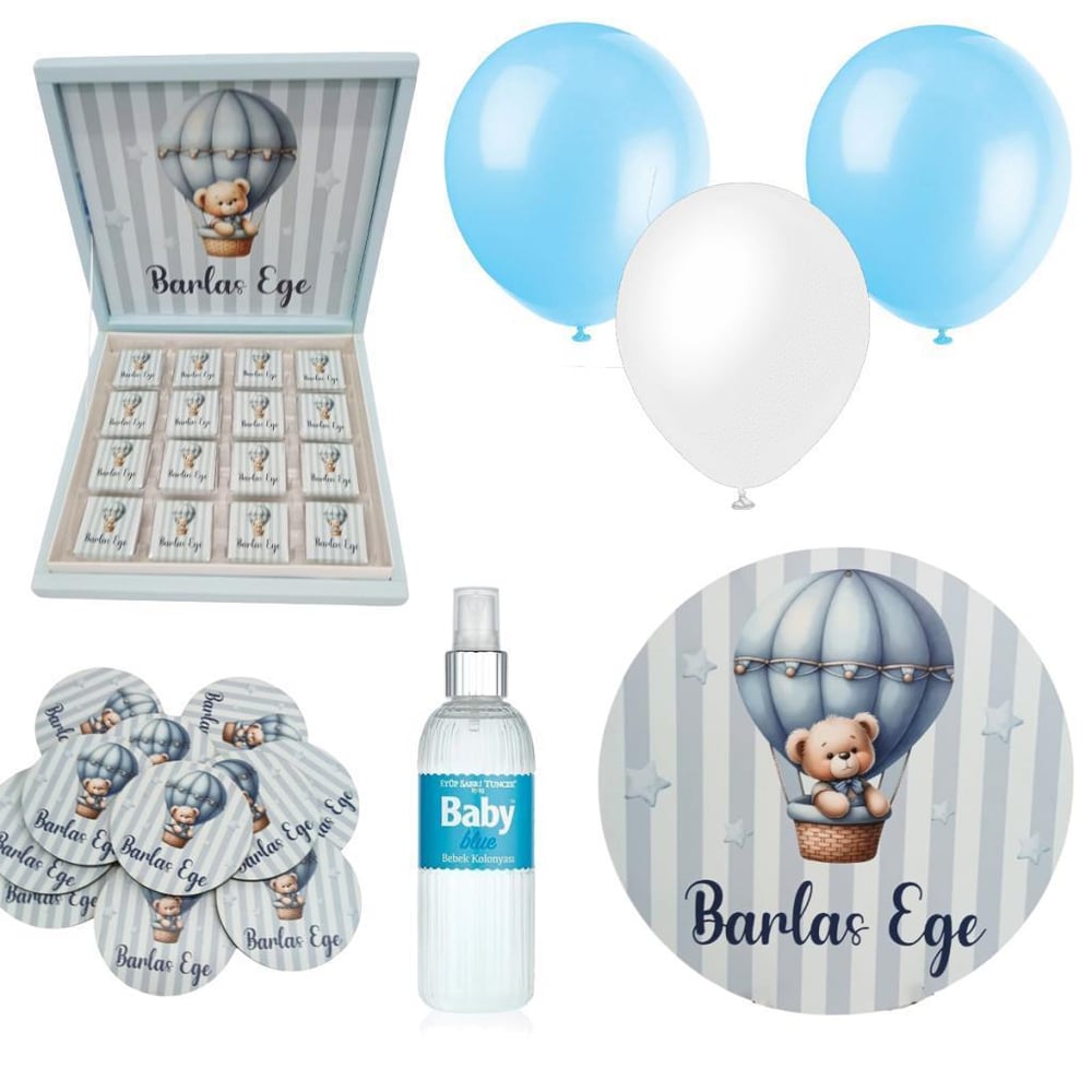 Bebek Doğum Hediyelik Süsleme Seti Çikolata Ahşap Magnet - Kapı Süsü - Kolonya - Balon Mod.9