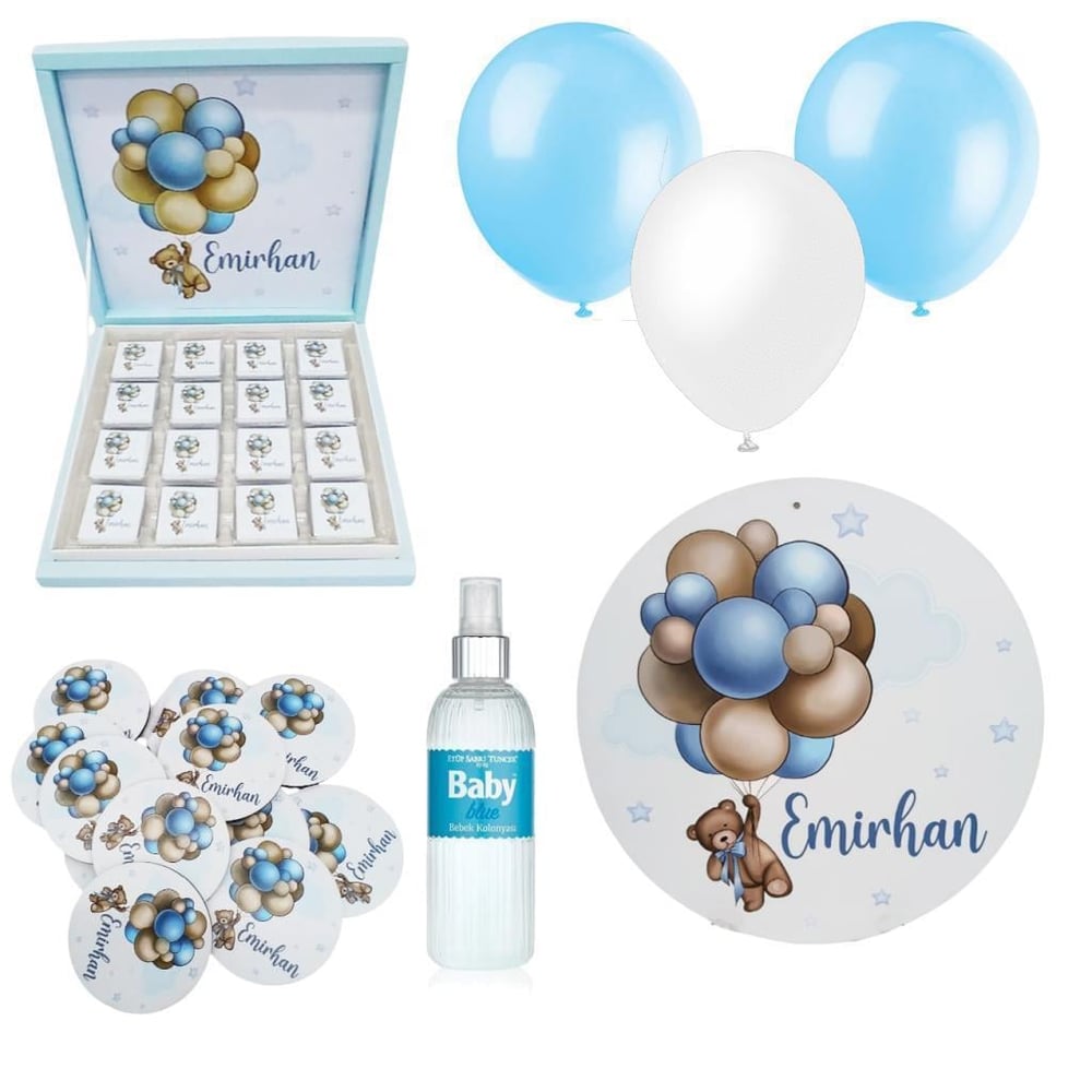 Bebek Doğum Hediyelik Süsleme Seti Çikolata Ahşap Magnet - Kapı Süsü - Kolonya - Balon Mod.7