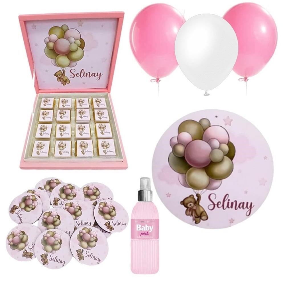 Bebek Doğum Hediyelik Süsleme Seti Çikolata Ahşap Magnet - Kapı Süsü - Kolonya - Balon Mod.1
