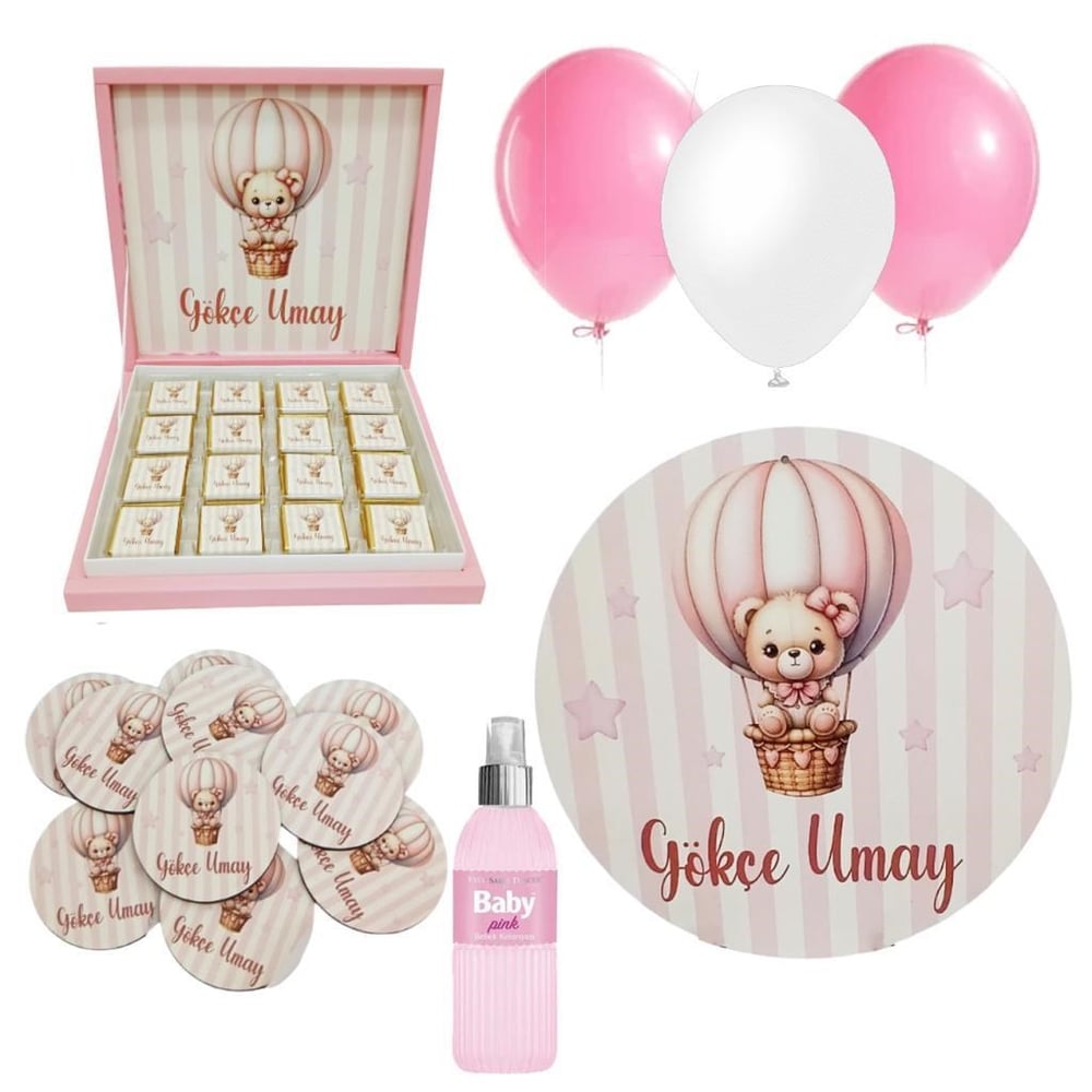 Bebek Doğum Hediyelik Süsleme Seti Çikolata Ahşap Magnet - Kapı Süsü - Kolonya - Balon Mod.4