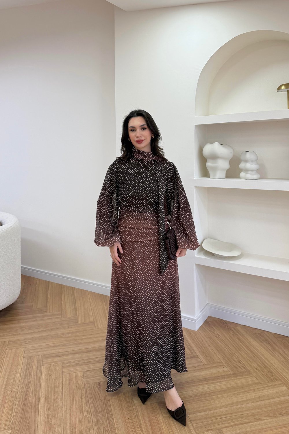 AMOURE DRAPE DETAYLI ELBİSE - KAHVERENGİ