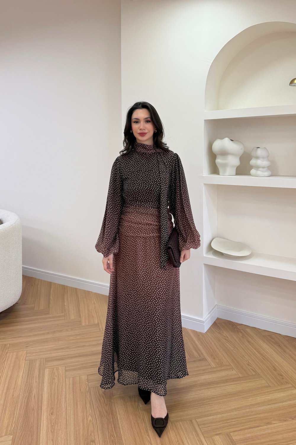 AMOURE DRAPE DETAYLI ELBİSE - KAHVERENGİ