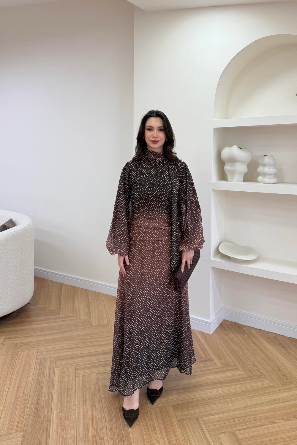 AMOURE DRAPE DETAYLI ELBİSE - KAHVERENGİ