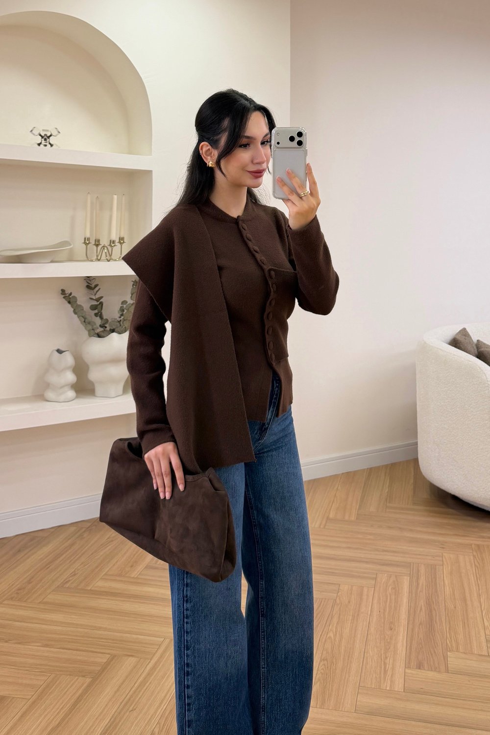 AVA ŞAL DETAYLI HIRKA - KAHVE