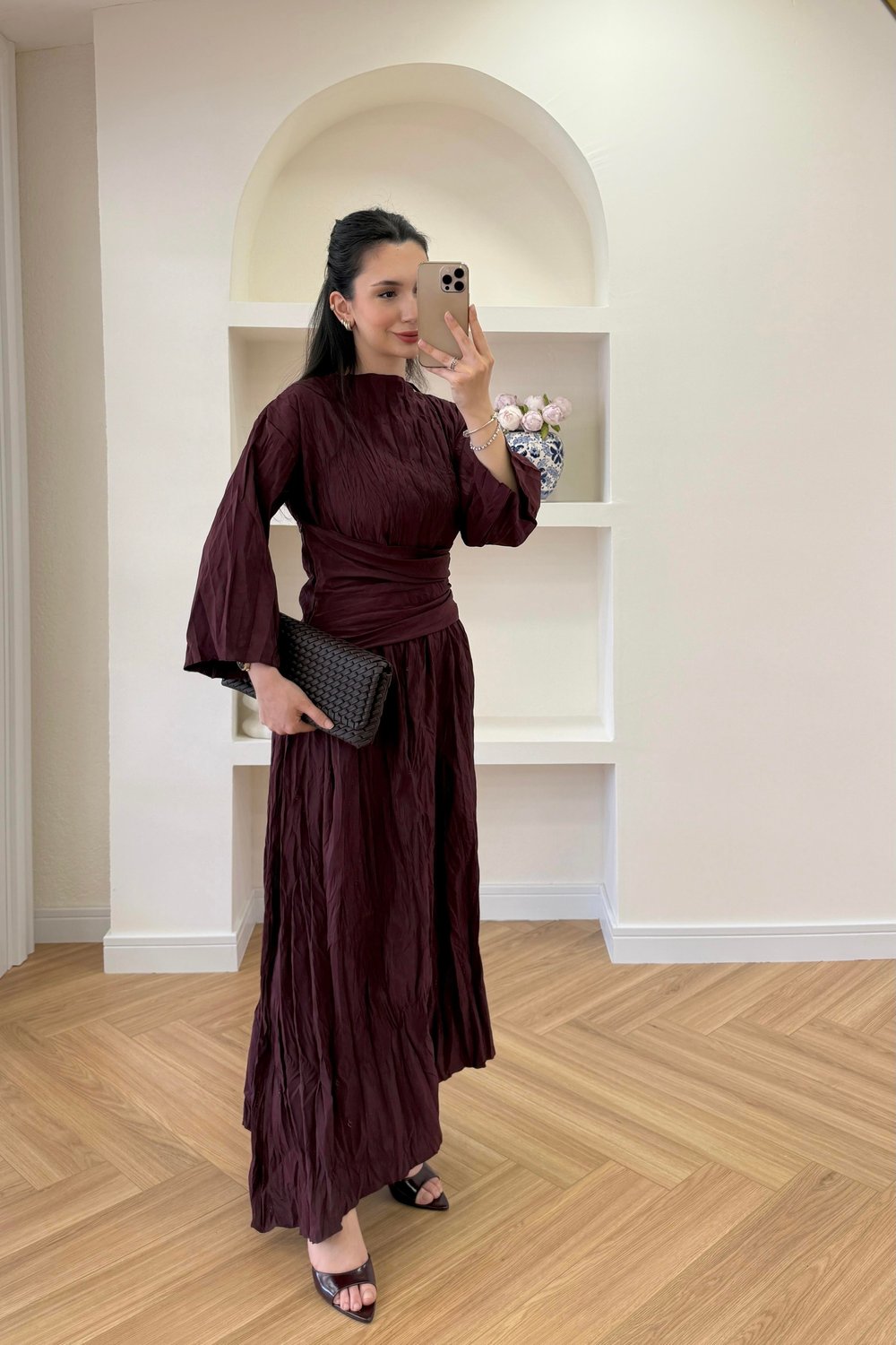 BEL KUŞAKLI ELBİSE - BORDO