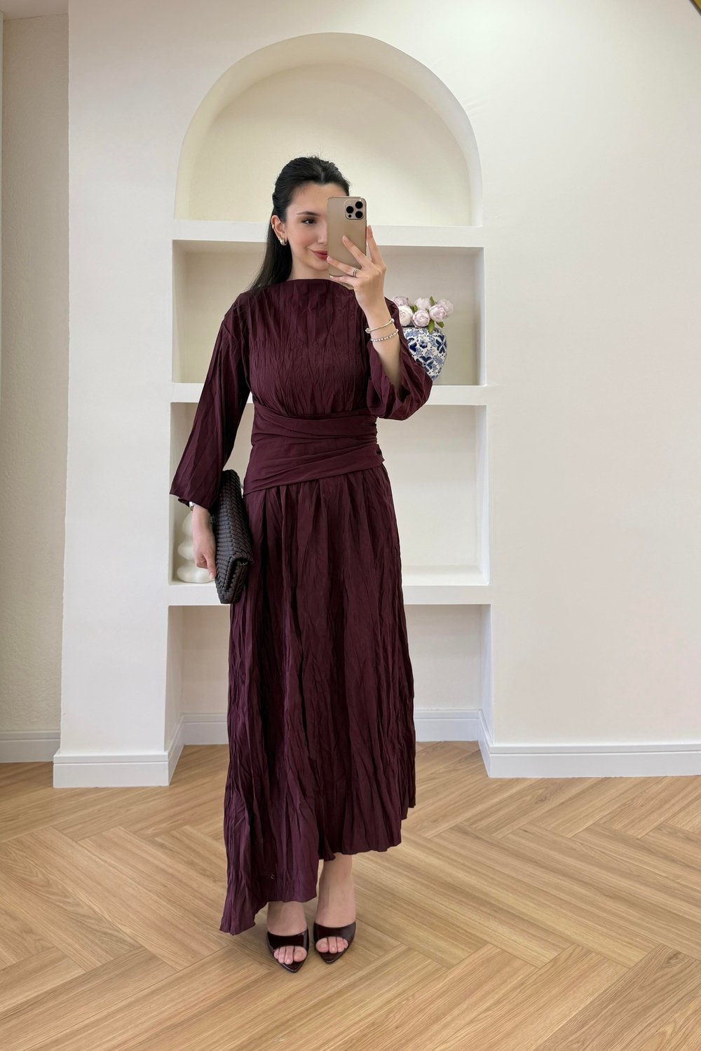 BEL KUŞAKLI ELBİSE - BORDO