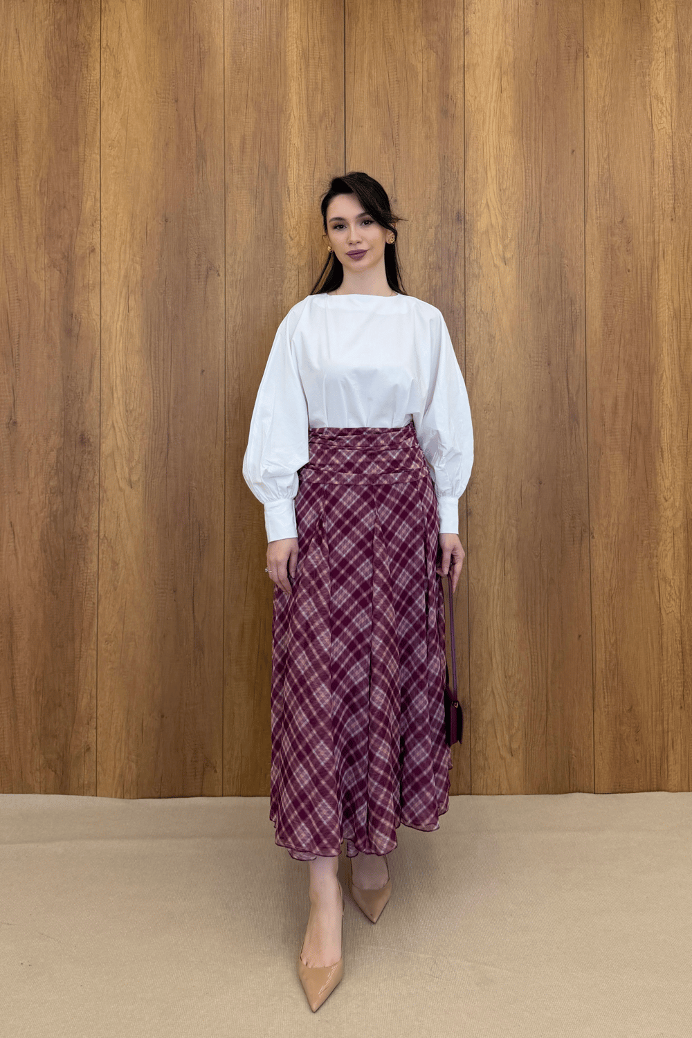 DRAPE DETAYLI EKOSE DESEN ŞİFON ETEK - BORDO