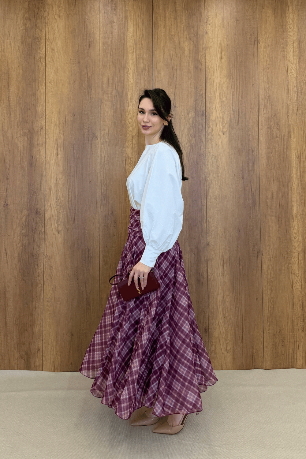 DRAPE DETAYLI EKOSE DESEN ŞİFON ETEK - BORDO
