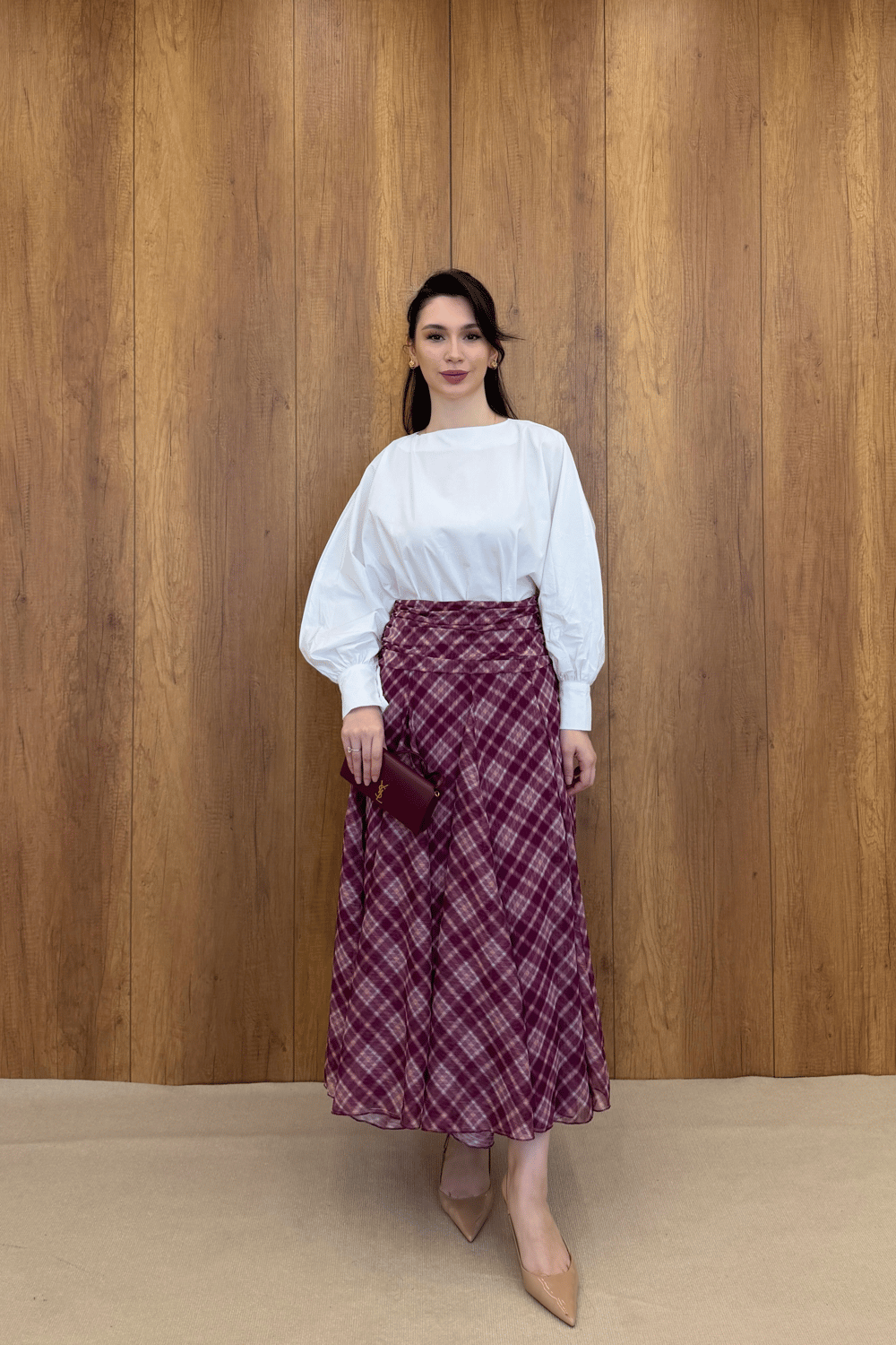 DRAPE DETAYLI EKOSE DESEN ŞİFON ETEK - BORDO
