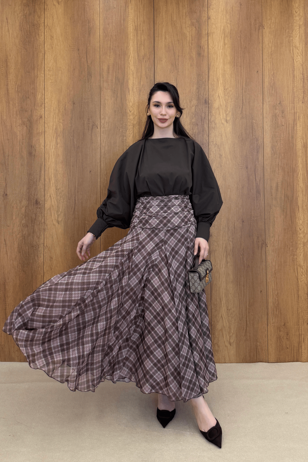 DRAPE DETAYLI EKOSE DESEN ŞİFON ETEK - KAHVERENGİ
