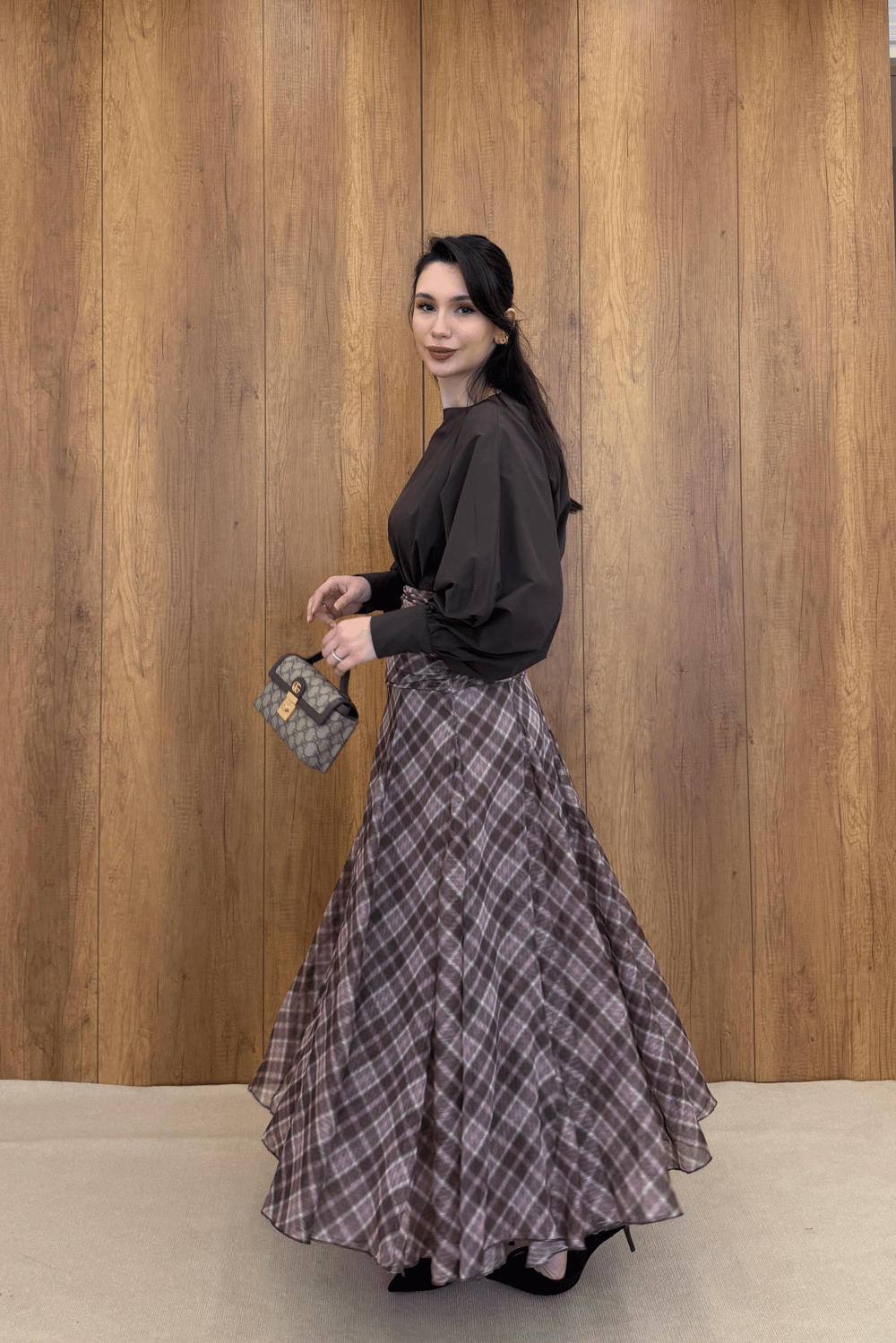 DRAPE DETAYLI EKOSE DESEN ŞİFON ETEK - KAHVERENGİ