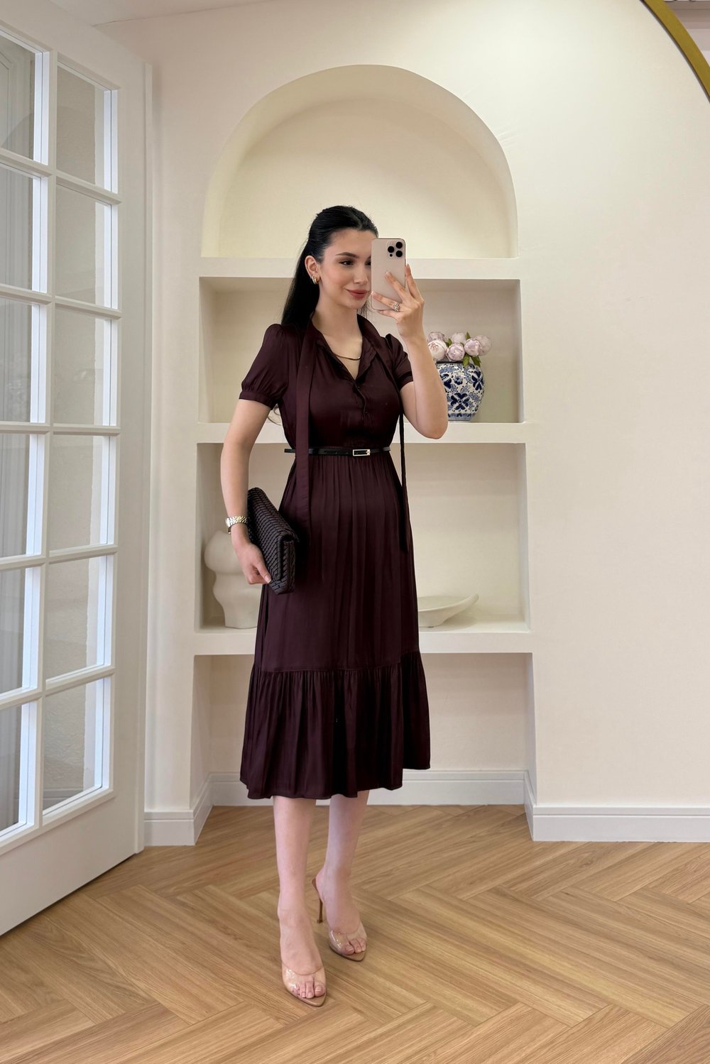 FULAR YAKA BELİ KEMERLİ ELBİSE - BORDO