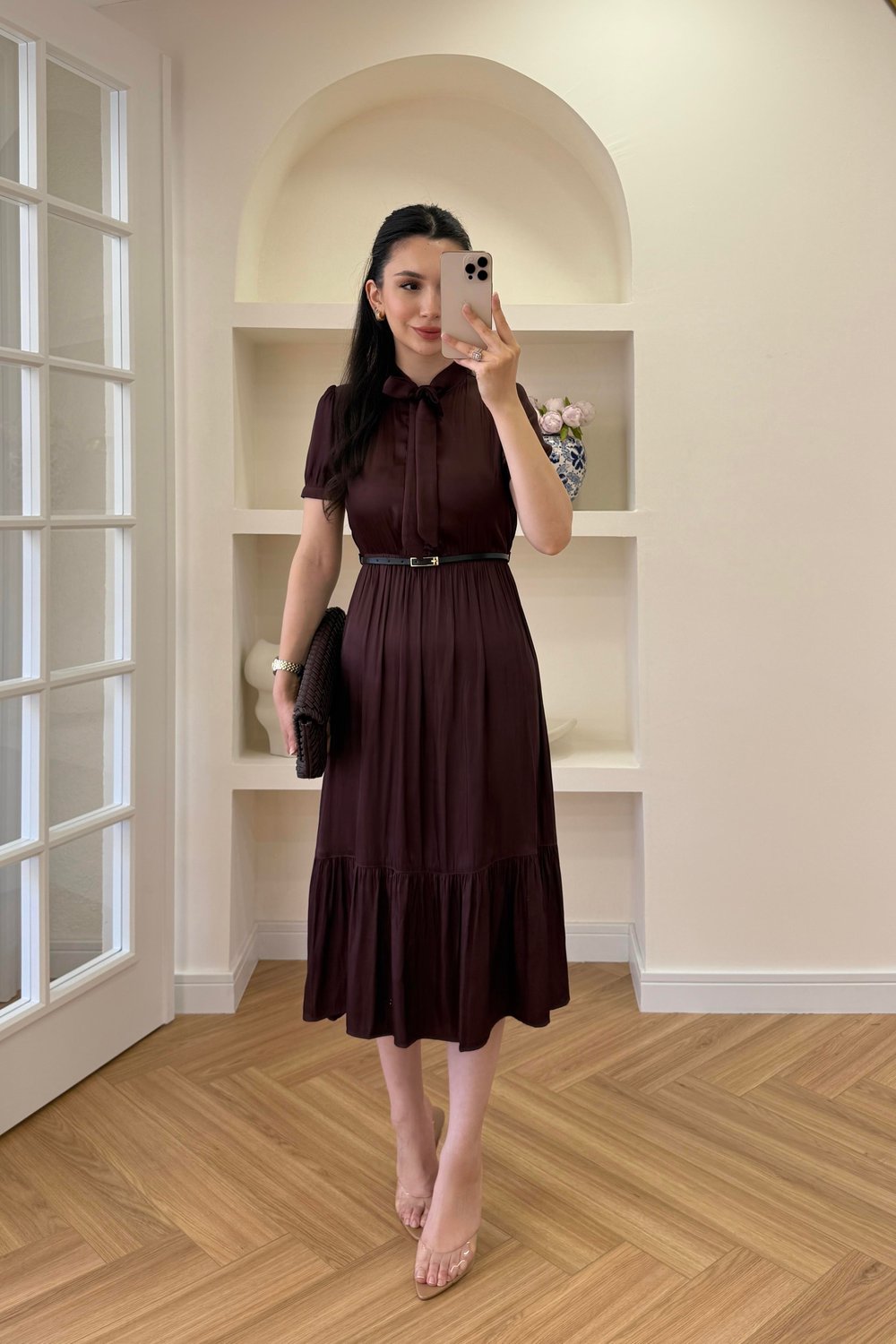 FULAR YAKA BELİ KEMERLİ ELBİSE - BORDO
