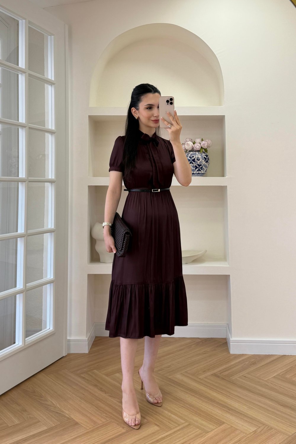 FULAR YAKA BELİ KEMERLİ ELBİSE - BORDO